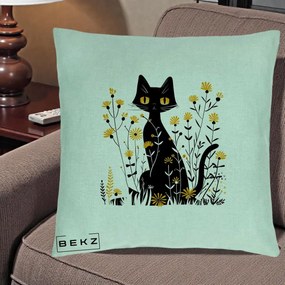 Perna Decorativa Pisica Neagra Ochi Galbeni Flori Galbene, 40x40 cm, Verde Menta, Husa Detasabila, Perna Inclusa, BEKZ®
