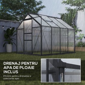 Outsunny Seră de Grădină, Seră din Policarbonat și Aluminiu cu Ușă Culisantă, Ventilație pe Acoperiș și Jgheab, 190x192x201 cm, Gri | Aosom Romania