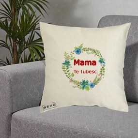 Cadou pentru Mama - Perna Personalizata Mama Te Iubesc Flori Albastre, 40x40 cm, Ecru, Husa Detasabila, Perna Inclusa, BEKZ®