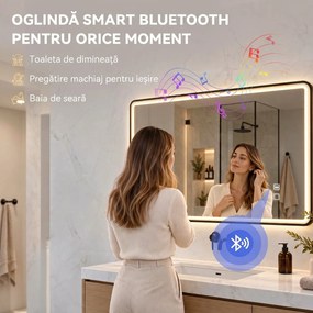 HOMCOM Oglindă de baie LED cu Bluetooth și antiaburire, 100x70 cm, negru | Aosom Romania