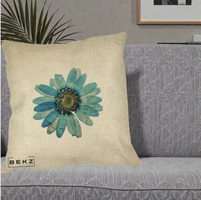 Perna Decorativa Floare Margareta Albastra Acuarela, 40x40 cm, Crem, Husa Detasabila, Perna Inclusa, BEKZ®