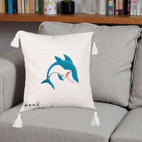 Perna Decorativa Rechin Albastru Cartoon, 40x40 cm, Bej cu Franjuri, Husa Detasabila, Perna Inclusa, BEKZ®