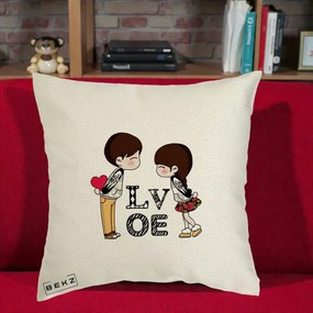 Cadou Romantic - Perna Personalizata Cuplu Kawaii LOVE, 40x40 cm, Ecru, Husa Detasabila, Perna Inclusa, BEKZ®