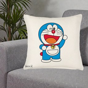 Perna Personalizata Doraemon Salutand, 40x40 cm, Crem Reliefat, Husa Detasabila, Perna Inclusa, BEKZ®