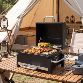 Outsunny Grătar Pe Cărbuni cu Orificii de Ventilație, Sertar pentru Cenușă, Grătar Portabil cu Termometru, Grătare, Capac, Mâner din Oțel Inoxidabil, BBQ pe Cărbuni pentru Grădină Camping, Negru | Aosom Romania