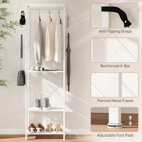 HOMCOM Cuiere de Intrare cu Suport pentru Încălțăminte, Bară pentru Haine, 4 Cârlige, Raft Superior și 2 Rafturi pentru Încălțăminte, 52x30x180 cm, Alb | Aosom Romania