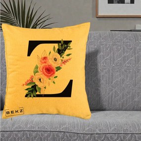Cadou Personalizat - Perna Personalizata Monograma Florala Litera Z cu Buchet, 40x40 cm, Galben, Husa Detasabila, Perna Inclusa, BEKZ®