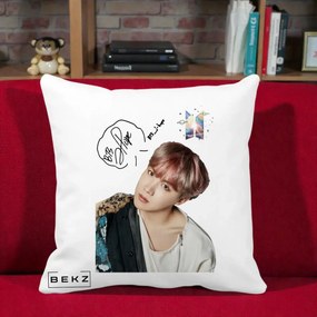 Perna Personalizata K-pop BTS J-Hope Par Roz Autograf, 40x40 cm, Alba Mata, Husa Detasabila, Perna Inclusa, BEKZ®