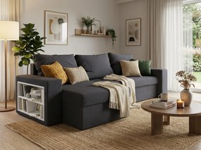 Canapea extensibila reversibila in forma de L NORIX 240x140 cm, gri inchis cu raft + 2 pernute GRATUIT