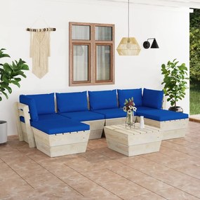 Set mobilier gradina din paleti cu perne, 7 piese, lemn molid Albastru, 2x colt + 2x mijloc + masa + 2x suport pentru picioare, 1