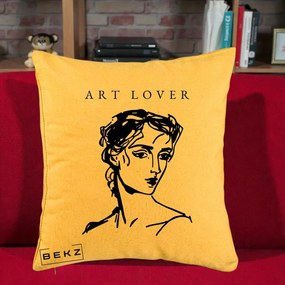 Perna Decorativa Art Lover Portret Grafic, 40x40 cm, Galben, Husa Detasabila, Perna Inclusa, BEKZ®