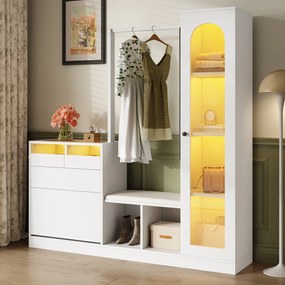 Combinație 6-în-1 pentru intrare cu iluminare LED, set cuier, masă de toaletă, bancă pentru pantofi, dulap rabatabil pentru pantofi și vitrină din sticlă, 163x35x161 cm, Alb