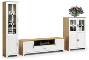 Mazzoni Mobilier dulap de perete PROVENZA Stejar Piatră/Alb Mat - COMODĂ MARE TV COMODĂ CU VITRINĂ PENTRU LIVING RETRO
