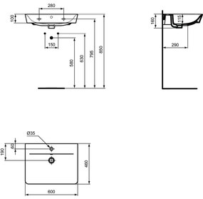 Lavoar suspendat negru mat 60 cm, orificiu baterie si cu preaplin, Ideal Standard Connect Air 600x460 mm