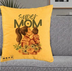 Cadou pentru Mama - Perna Personalizata Super Mom Mama cu Bebelusul, 40x40 cm, Galben, Husa Detasabila, Perna Inclusa, BEKZ®