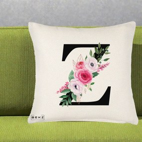Cadou Personalizat - Perna Personalizata Monograma Florala Litera Z cu Buchet, 40x40 cm, Crem Reliefat, Husa Detasabila, Perna Inclusa, BEKZ®