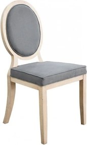 Scaun dining tapițat French Country din lemn de fag și stofă, gri, cu spătar oval medalion, finisaj patinat, 97 x 55 x 51 cm, „Medaillon”