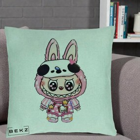 Perna Personalizata Labubu Panda-Bunny Roz, 40x40 cm, Verde Menta, Husa Detasabila, Perna Inclusa, BEKZ®