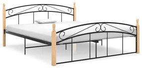 Cadru de pat, negru, 160x200 cm, metal si lemn masiv de stejar Maro deschis, 160 x 200 cm