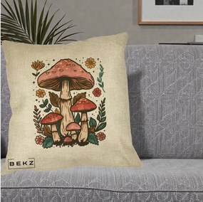 Perna Decorativa Ciuperci Vintage Floral, 40x40 cm, Crem, Husa Detasabila, Perna Inclusa, BEKZ®