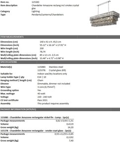 Lustra suspendata design LUX Amazone Rectangular, nickel/ sticla fumurie 115383 HZ