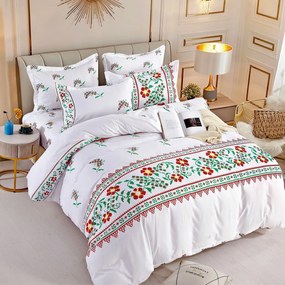 Lenjerie de pat cu elastic, tesatura tip finet, pat 2 persoane, alb / verde, 6 piese, FNJE-97