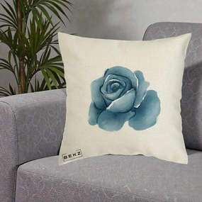 Perna Decorativa Trandafir Albastru Acuarela, 40x40 cm, Ecru, Husa Detasabila, Perna Inclusa, BEKZ®