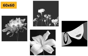 Set tablouri eleganța femeii și a florilor în design alb-negru