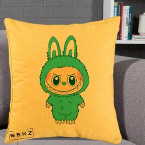 Perna Personalizata Labubu Turcoaz, 40x40 cm, Galben, Husa Detasabila, Perna Inclusa, BEKZ®