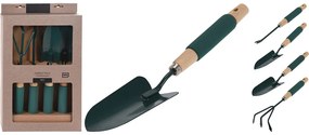 Set 4 unelte gradina, 23.5x5.5x42 cm, corp otel, maner din lemn cu spuma, negru/natur/verde