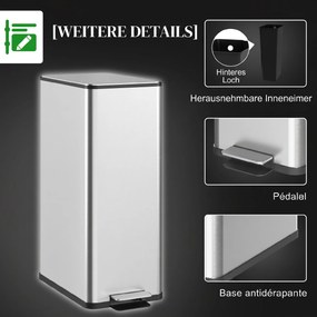 HOMCOM Coș de Gunoi de 20L Antiamprentă cu Închidere Lentă și Găleată Detașabilă, Coș cu Pedală, pentru Bucătărie, Living, Birou și Studiu, 21.5x37.2x57 cm, Argintiu | Aosom Romania