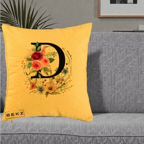 Cadou Personalizat - Perna Personalizata Monogram Litera D cu Flori Acuarela, 40x40 cm, Galben, Husa Detasabila, Perna Inclusa, BEKZ®