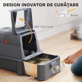 PawHut Litieră Închisă de 80L pentru Pisici cu Tavă Detașabilă, în ABS și Oțel Inoxidabil, 63x43x43 cm, Gri Închis | Aosom Romania