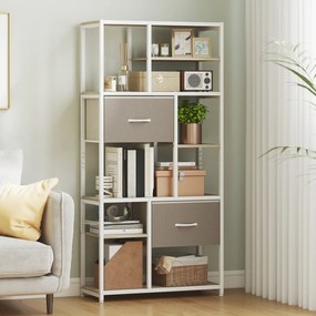HOMCOM Etajeră de depozitare 6 niveluri, bibliotecă cu 2 sertare din țesătură, 9 rafturi deschise, 72,5 x 30 x 150 cm, alb | Aosom Romania