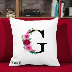 Cadou Personalizat - Perna Personalizata Monograma Florala Litera G, 40x40 cm, Alba Mata, Husa Detasabila, Perna Inclusa, BEKZ®