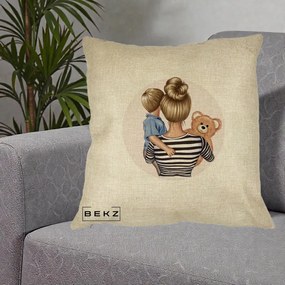Cadou pentru Mama - Perna Personalizata Mama si Baietelul cu Ursulet, 40x40 cm, Crem, Husa Detasabila, Perna Inclusa, BEKZ®