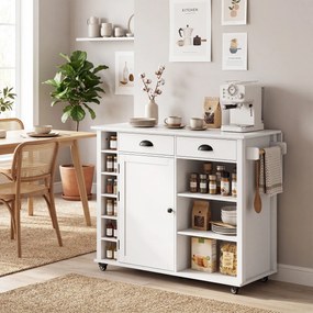 HOMCOM Insulă de Bucătărie cu Roți Blat Rabatabil Suport Condimente Suport Prosoape Dulap 2 Sertare 117,5x70x91 cm Alb | Aosom Romania