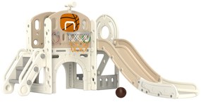 AIYAPLAY Loc de joacă pentru copii, tobogan 7-în-1, loc de joacă interior cu depozitare și tunel de târâre, 186x153x111 cm, alb crem | Aosom Romania