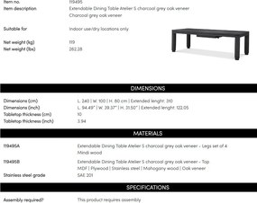 Masa extensibila LUX Gri Carbune Atelier S, 240-310cm