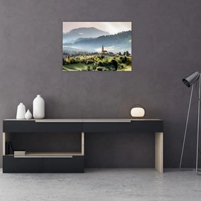 Tablou pe sticlă - sătuț în ceață (70x50 cm)