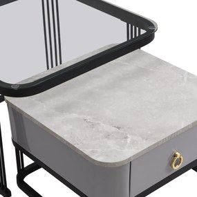 Set de 2 Măsuțe de Cafea Suprapozabile cu Blat din Marmură Lucioasă și Sticlă, Structură din Metal și Sertare, 60x60x42 cm + 50x50x34 cm, Negru