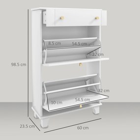 HOMCOM Dulap Pantofi Slim cu 2 Uși, Sertar, Rafturi Reglabile, 8 Perechi, MDF, PAL, 60 x 23,5 x 98,5 cm, Alb | Aosom Romania