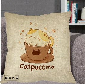 Perna Decorativa Catpuccino Pisica Cappuccino, 40x40 cm, Crem, Husa Detasabila, Perna Inclusa, BEKZ®