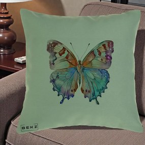 Perna Decorativa Fluture Acuarela Multicolor Portocaliu-Bleu-Mov, 40x40 cm, Verde, Husa Detasabila, Perna Inclusa, BEKZ®
