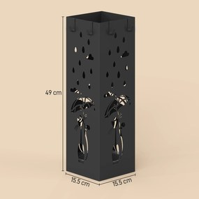 HOMCOM Suport de Umbrele Pătrat din Metal pentru Intrare, Suport Autoportant cu Tavă Detașabilă și 4 Cârlige, pentru Interior și Exterior, 15.5x15.5x49 cm, Negru | Aosom Romania