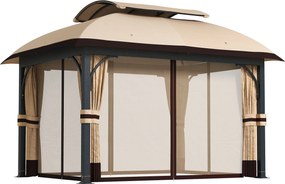 Outsunny Pavilion de grădină, 3,3 x 4 m cort de grădină cu draperii din plasă, acoperiș în două niveluri, acoperire din piele ecologică, cadru metalic, Khaki | Aosom Romania
