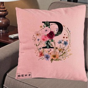 Cadou Personalizat - Perna Personalizata Monogram Litera P cu Flori Acuarela, 40x40 cm, Roz, Husa Detasabila, Perna Inclusa, BEKZ®