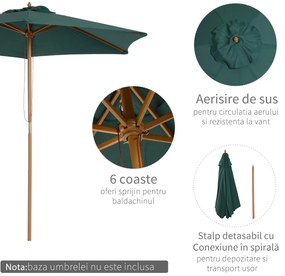 Outsunny Umbrelă din Lemn pentru Grădină, Rezistentă la UV, Ușor de Utilizat, Verde, Ø2.5m | Aosom Romania