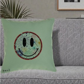 Perna Decorativa Smiley Face cu Artificii Multicolore, 40x40 cm, Verde, Husa Detasabila, Perna Inclusa, BEKZ®