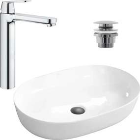Pachet lavoar pe blat Rea Cleo alb 61 cm, baterie lavoar Grohe Eurosmart Cosmopolitan XL crom si ventil lavoar Click-Clack crom